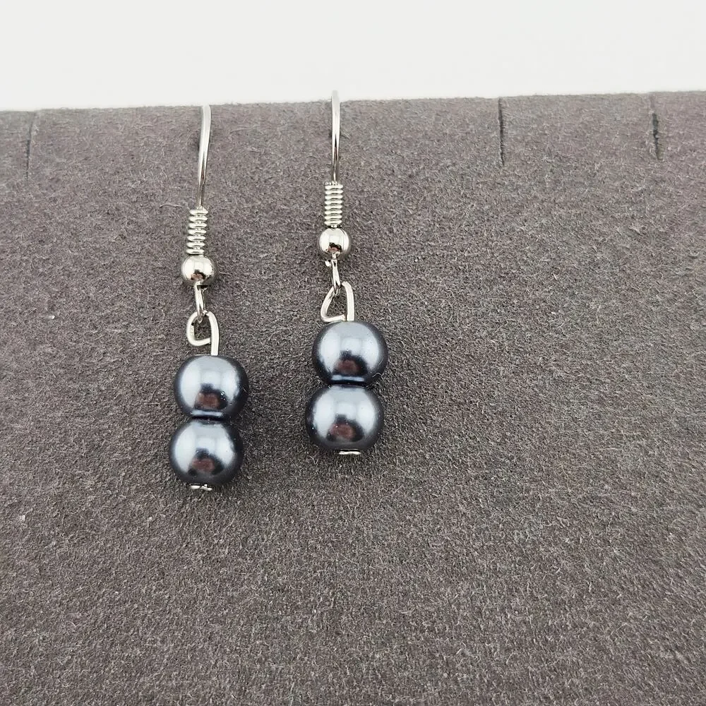 Silver Tone Gray Metallic Round Beaded Earrings Hook Style Dangle Drop Simple